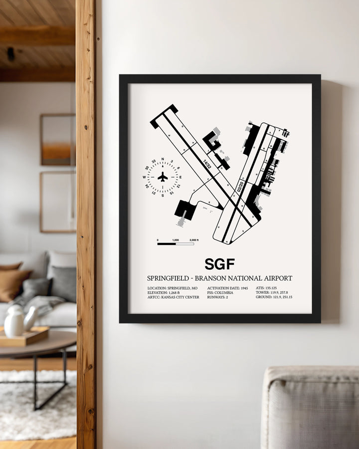 Framed Detailed Airport Map of Springfield - Branson National Airport (SGF) in White with a Black Frame