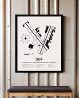 Framed Detailed Airport Map of Springfield - Branson National Airport (SGF) in White with a Black Frame