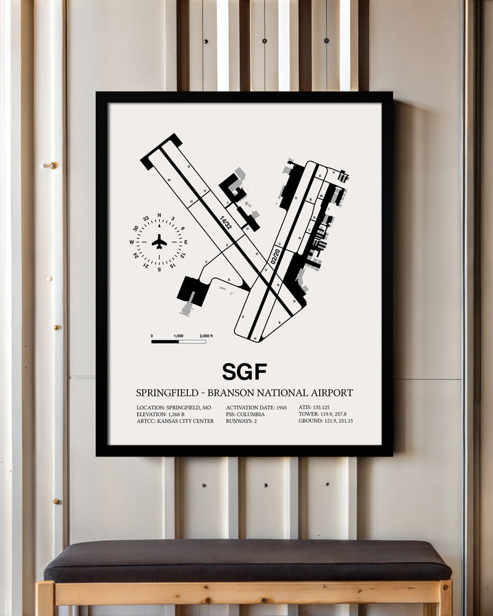 Framed Detailed Airport Map of Springfield - Branson National Airport (SGF) in White with a Black Frame