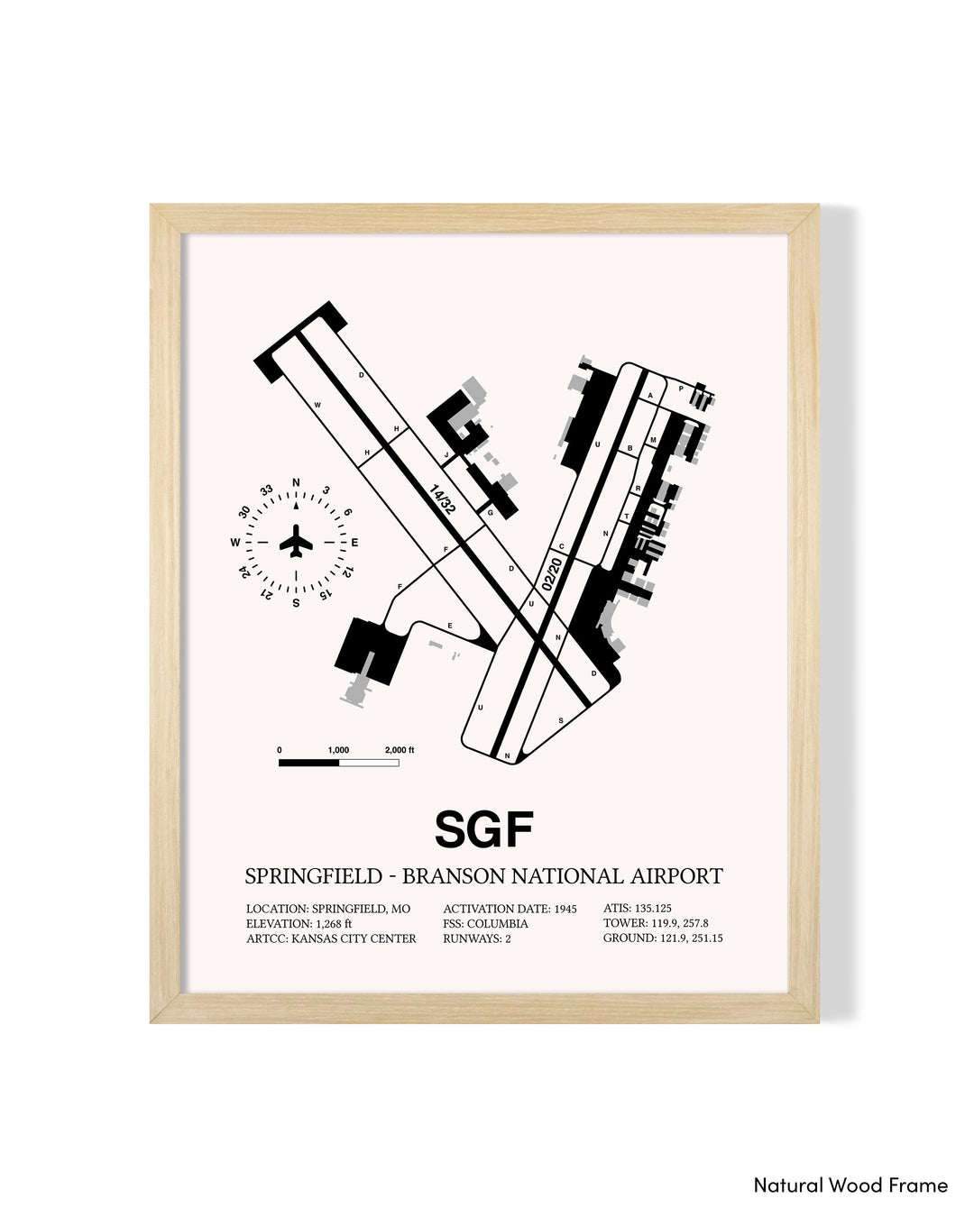 Detailed Airport Map of Springfield - Branson National Airport (SGF) in White with a Natural Frame