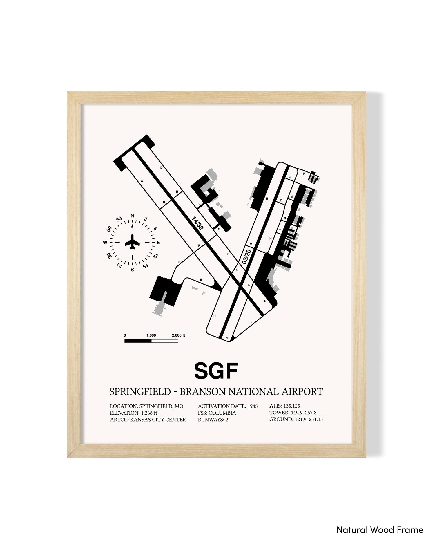 Detailed Airport Map of Springfield - Branson National Airport (SGF) in White with a Natural Frame