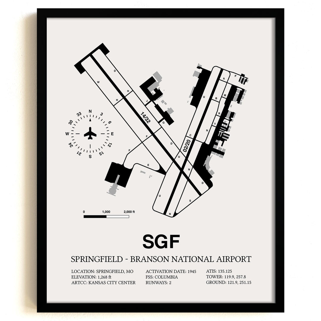 Framed Detailed Airport Map of Springfield - Branson National Airport (SGF) in White with a Black Frame