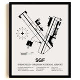Framed Detailed Airport Map of Springfield - Branson National Airport (SGF) in White with a Black Frame