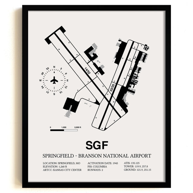Framed Detailed Airport Map of Springfield - Branson National Airport (SGF) in White with a Black Frame