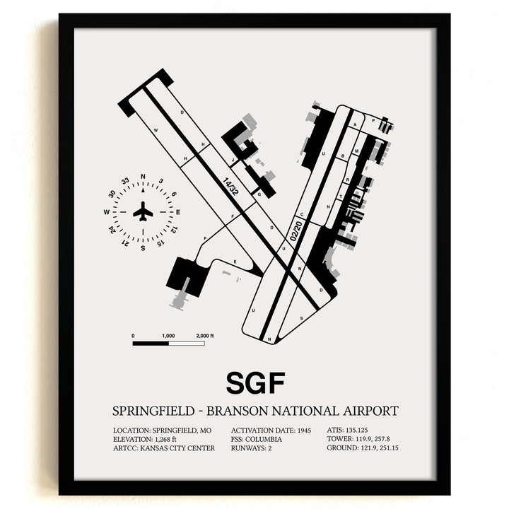 Framed Detailed Airport Map of Springfield - Branson National Airport (SGF) in White with a Black Frame