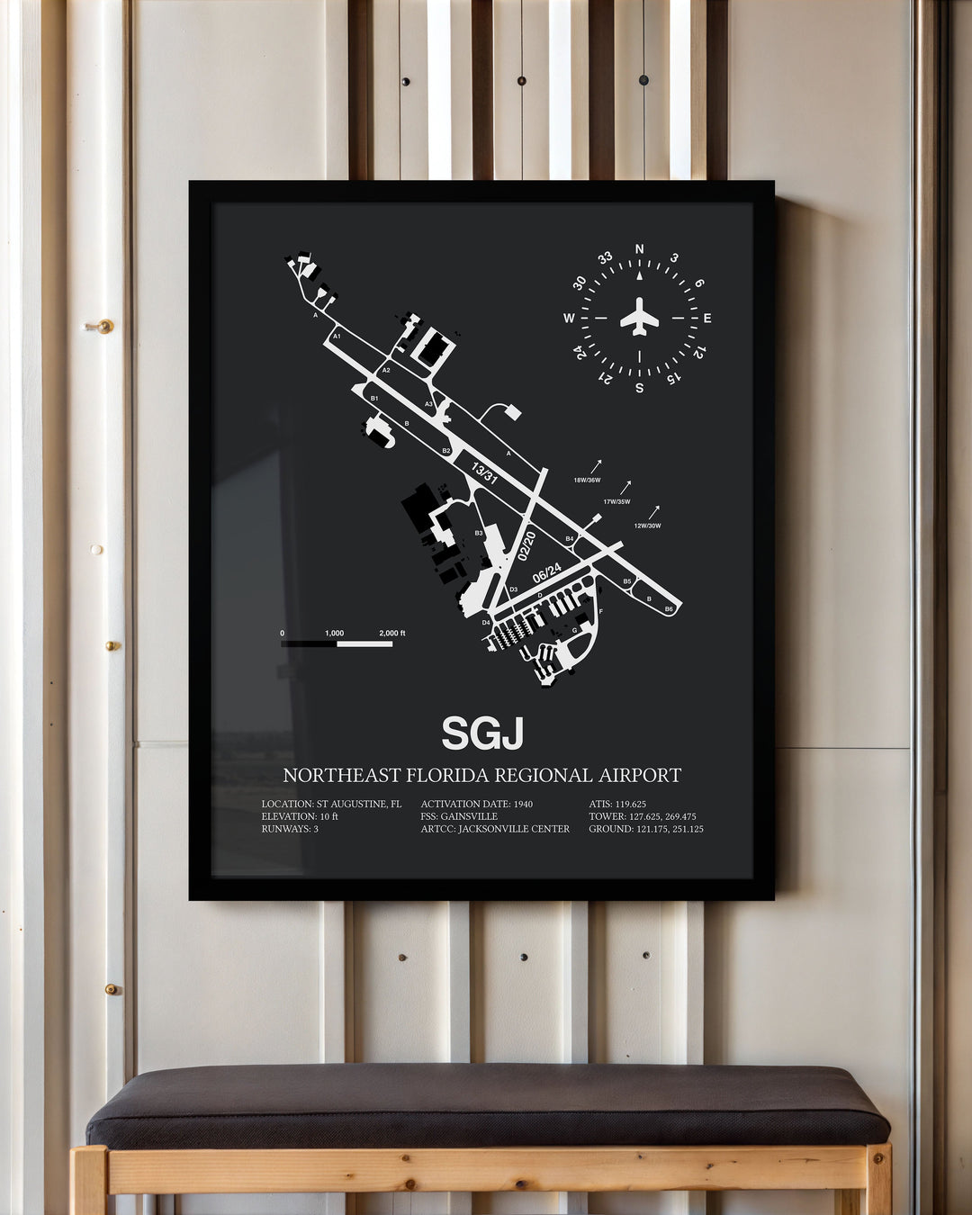 Framed Detailed Airport Map of Northeast Florida Regional Airport (SGJ) in Gray with a Black Frame