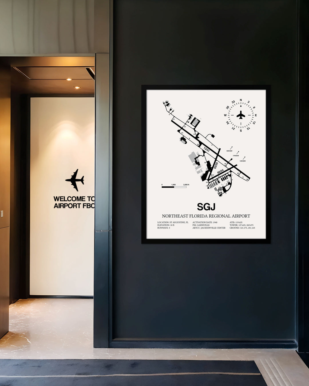 Framed Detailed Airport Map of Northeast Florida Regional Airport (SGJ) in White with a Black Frame