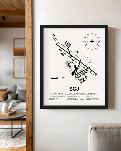 Framed Detailed Airport Map of Northeast Florida Regional Airport (SGJ) in White with a Black Frame