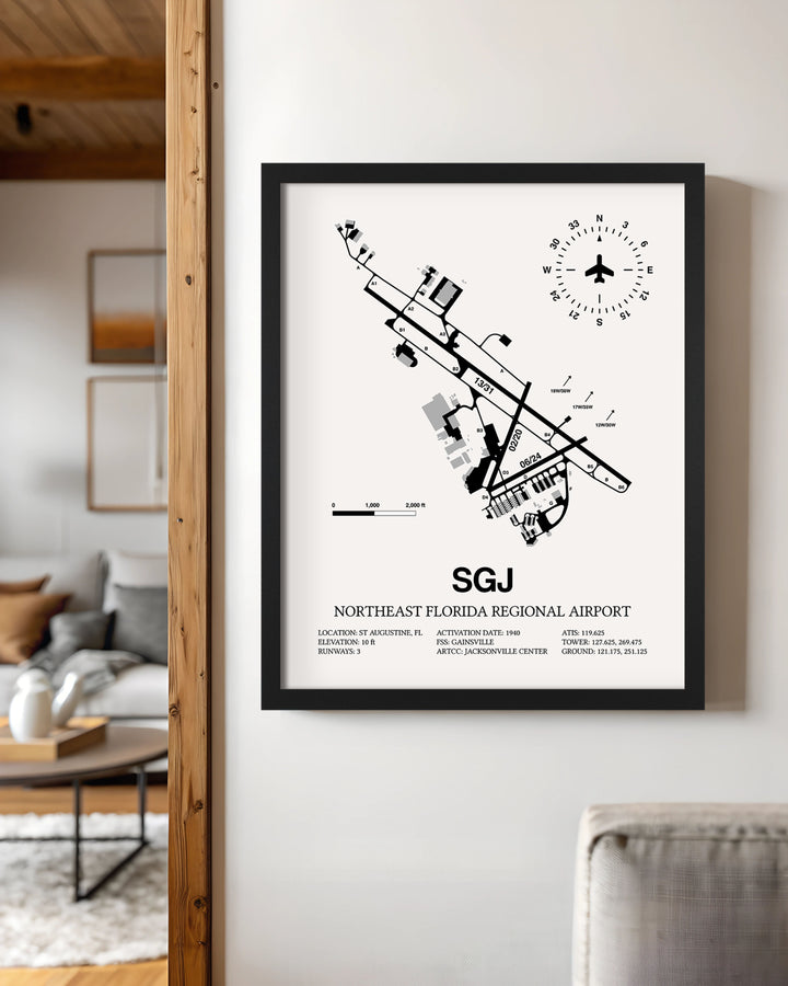 Framed Detailed Airport Map of Northeast Florida Regional Airport (SGJ) in White with a Black Frame