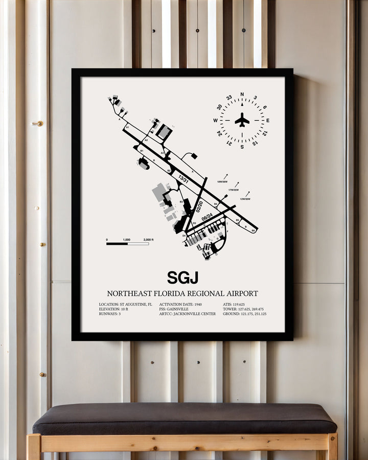 Framed Detailed Airport Map of Northeast Florida Regional Airport (SGJ) in White with a Black Frame