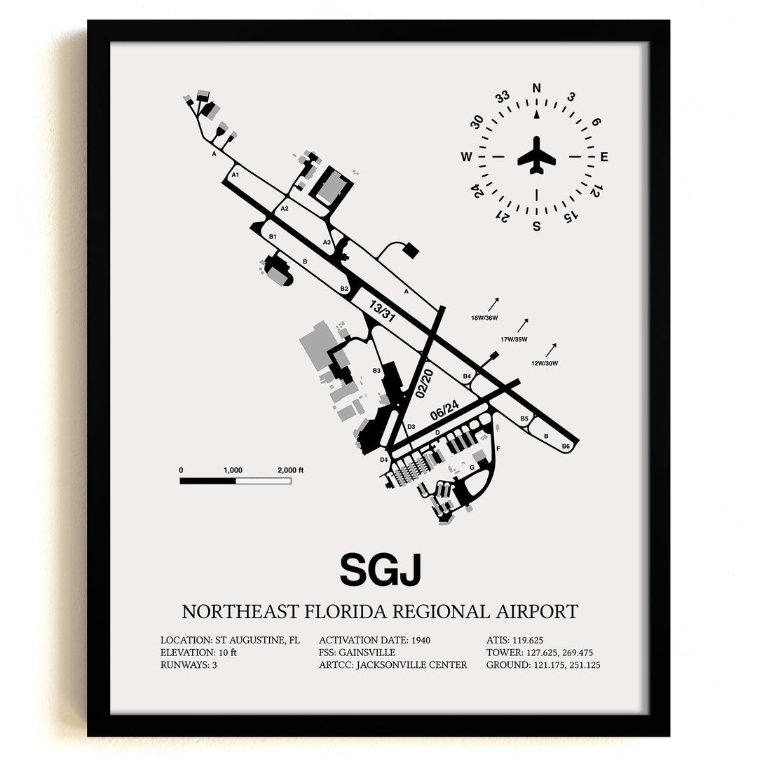Framed Detailed Airport Map of Northeast Florida Regional Airport (SGJ) in White with a Black Frame