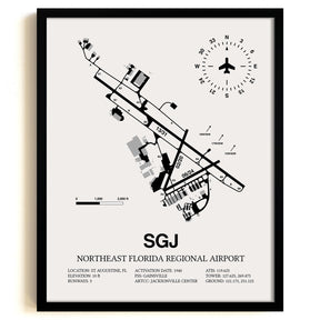 Framed Detailed Airport Map of Northeast Florida Regional Airport (SGJ) in White with a Black Frame