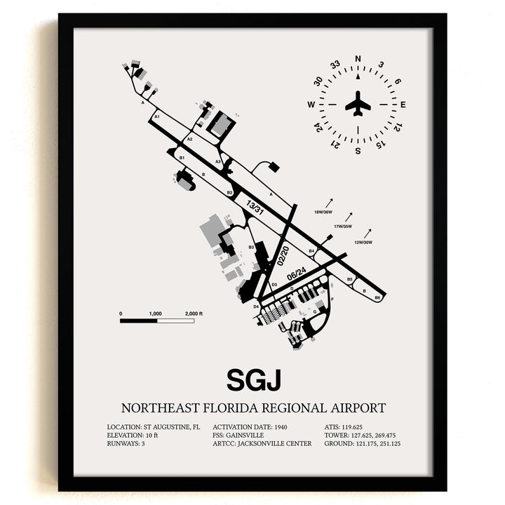 Framed Detailed Airport Map of Northeast Florida Regional Airport (SGJ) in White with a Black Frame