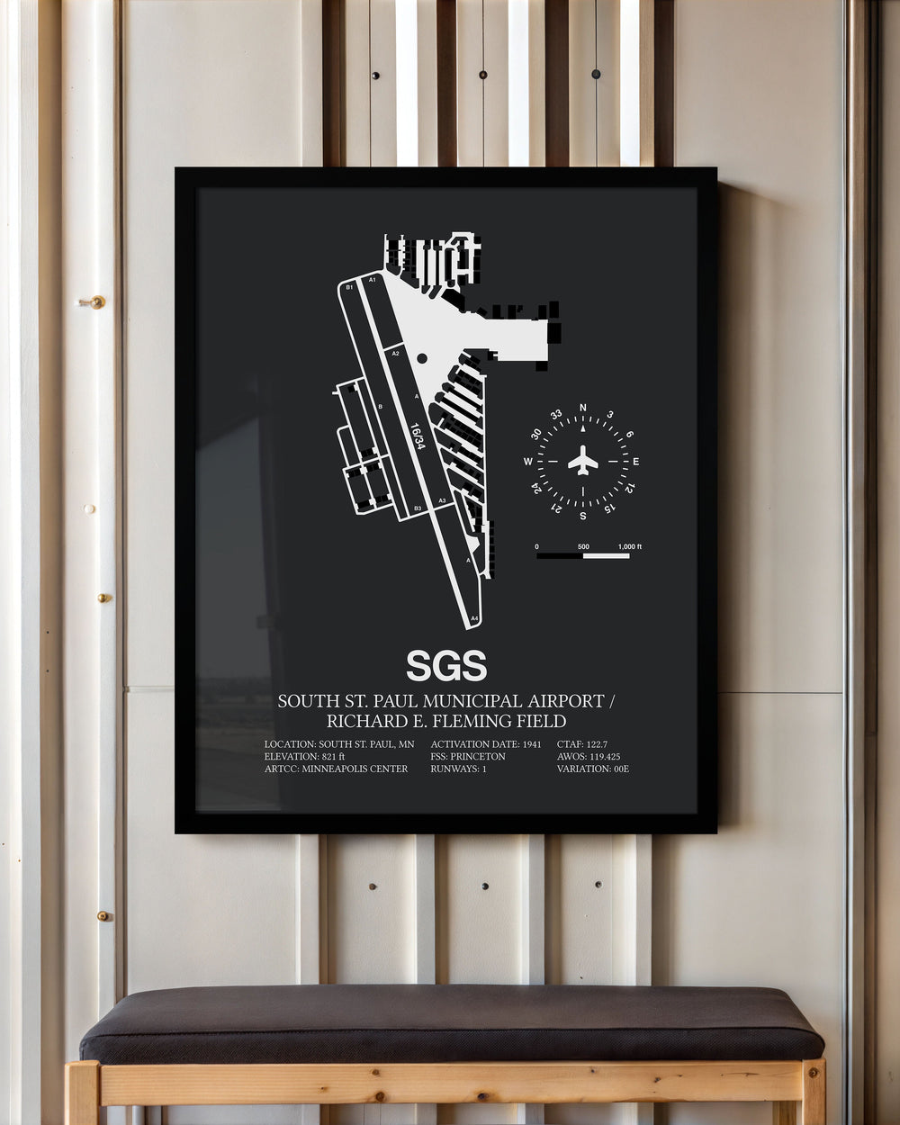 Framed Detailed Airport Map of South St Paul Municipal Airport/Richard E Fleming Field (SGS) in Gray with a Black Frame