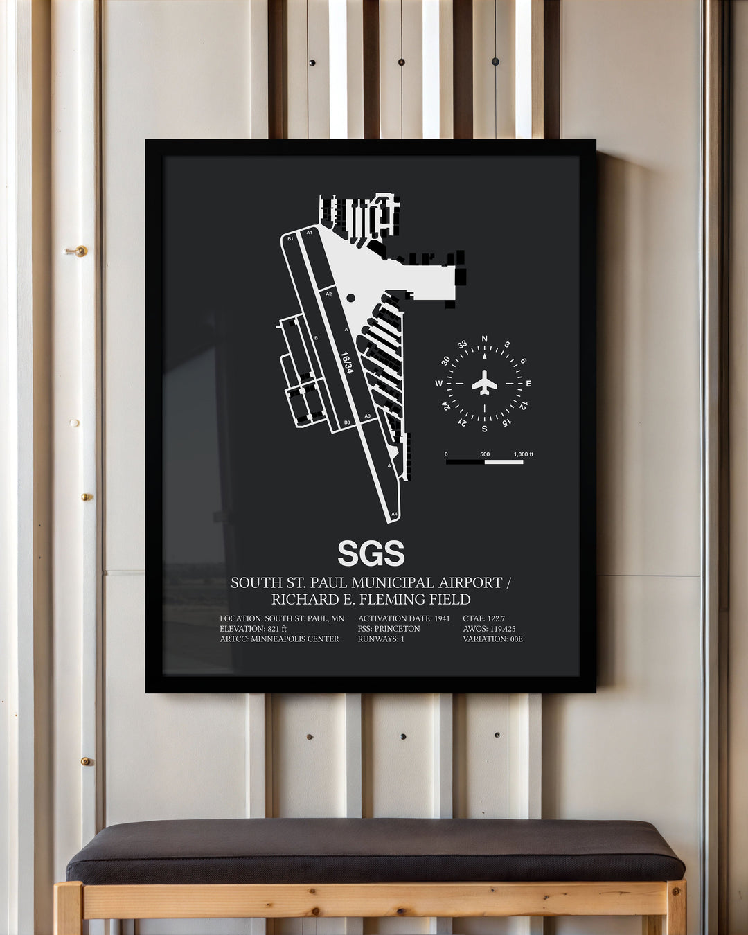 Framed Detailed Airport Map of South St Paul Municipal Airport/Richard E Fleming Field (SGS) in Gray with a Black Frame