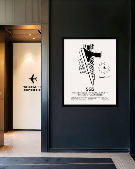 Framed Detailed Airport Map of South St Paul Municipal Airport/Richard E Fleming Field (SGS) in White with a Black Frame