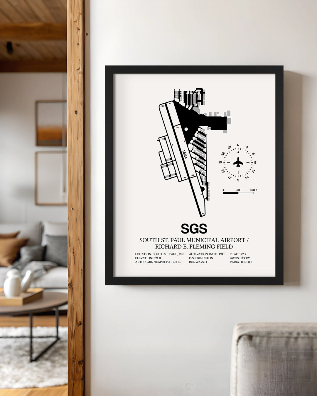 Framed Detailed Airport Map of South St Paul Municipal Airport/Richard E Fleming Field (SGS) in White with a Black Frame