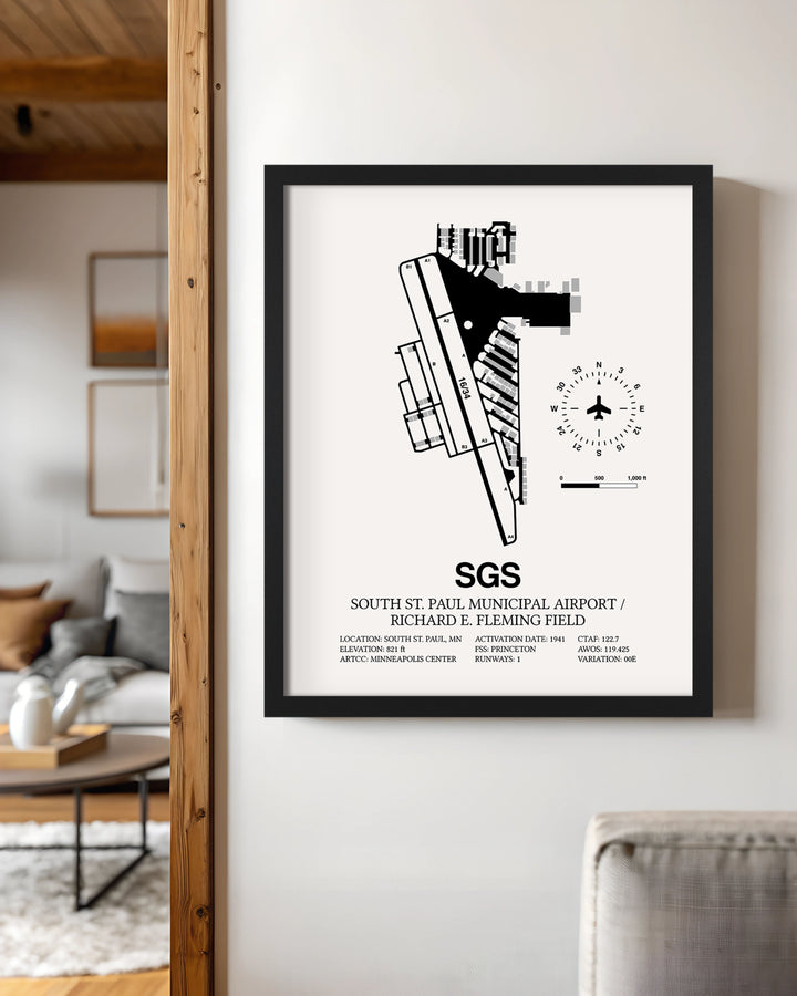 Framed Detailed Airport Map of South St Paul Municipal Airport/Richard E Fleming Field (SGS) in White with a Black Frame
