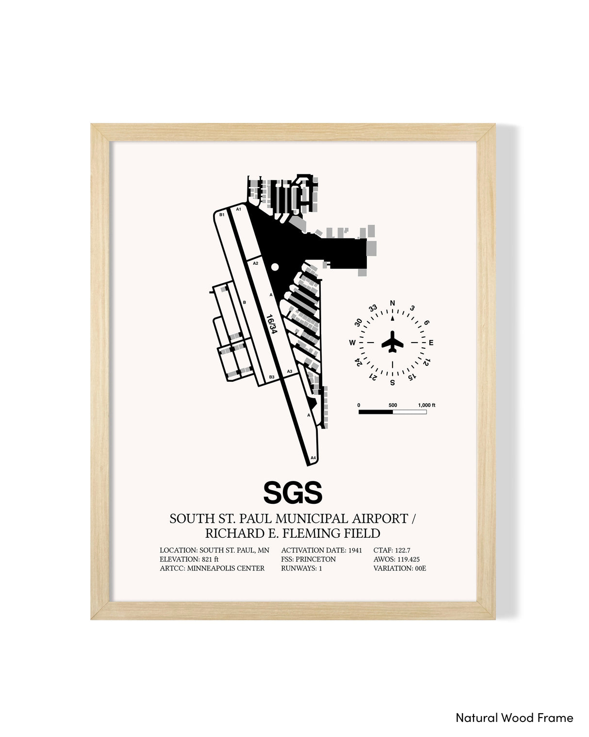 Detailed Airport Map of South St Paul Municipal Airport/Richard E Fleming Field (SGS) in White with a Natural Frame