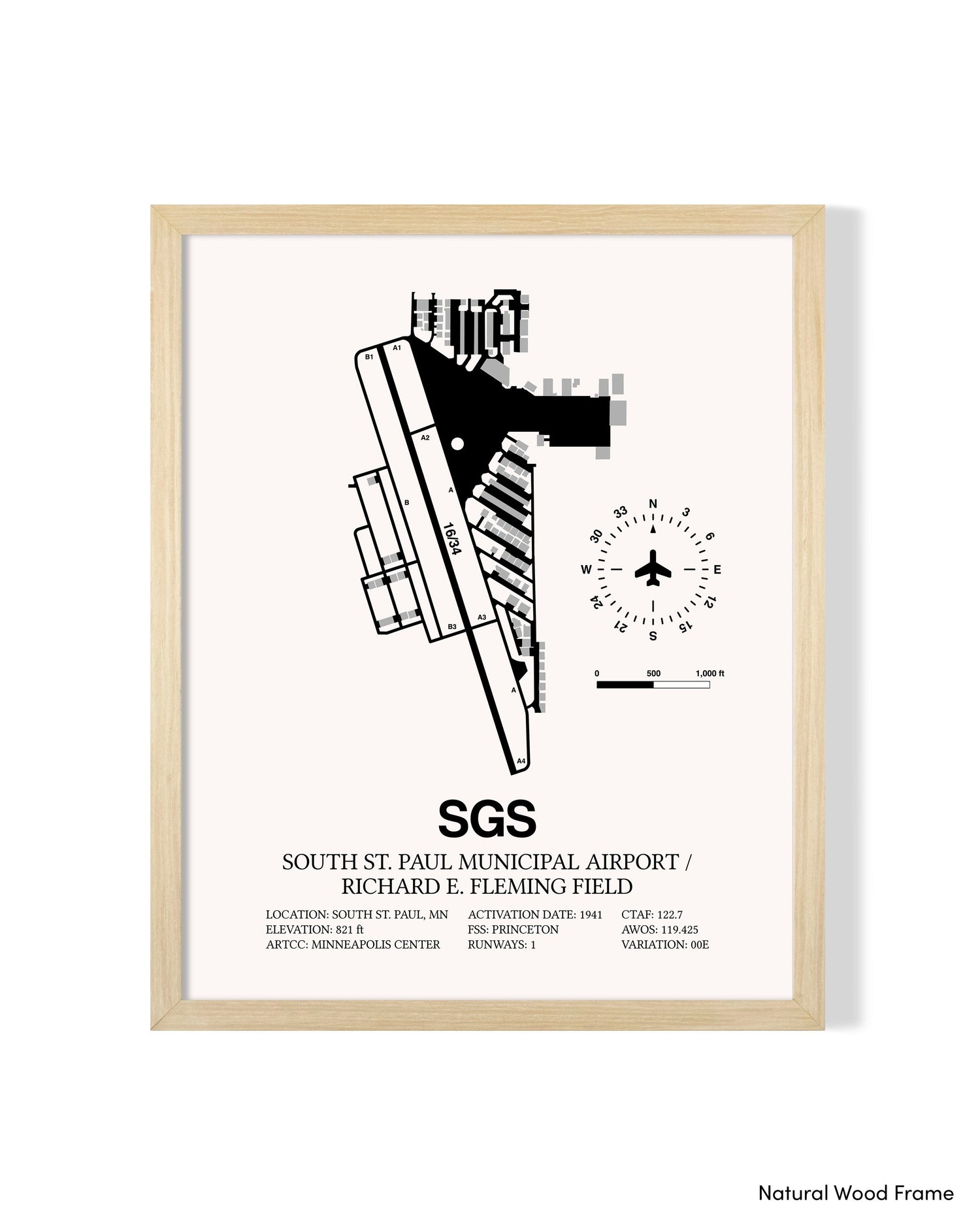 Detailed Airport Map of South St Paul Municipal Airport/Richard E Fleming Field (SGS) in White with a Natural Frame