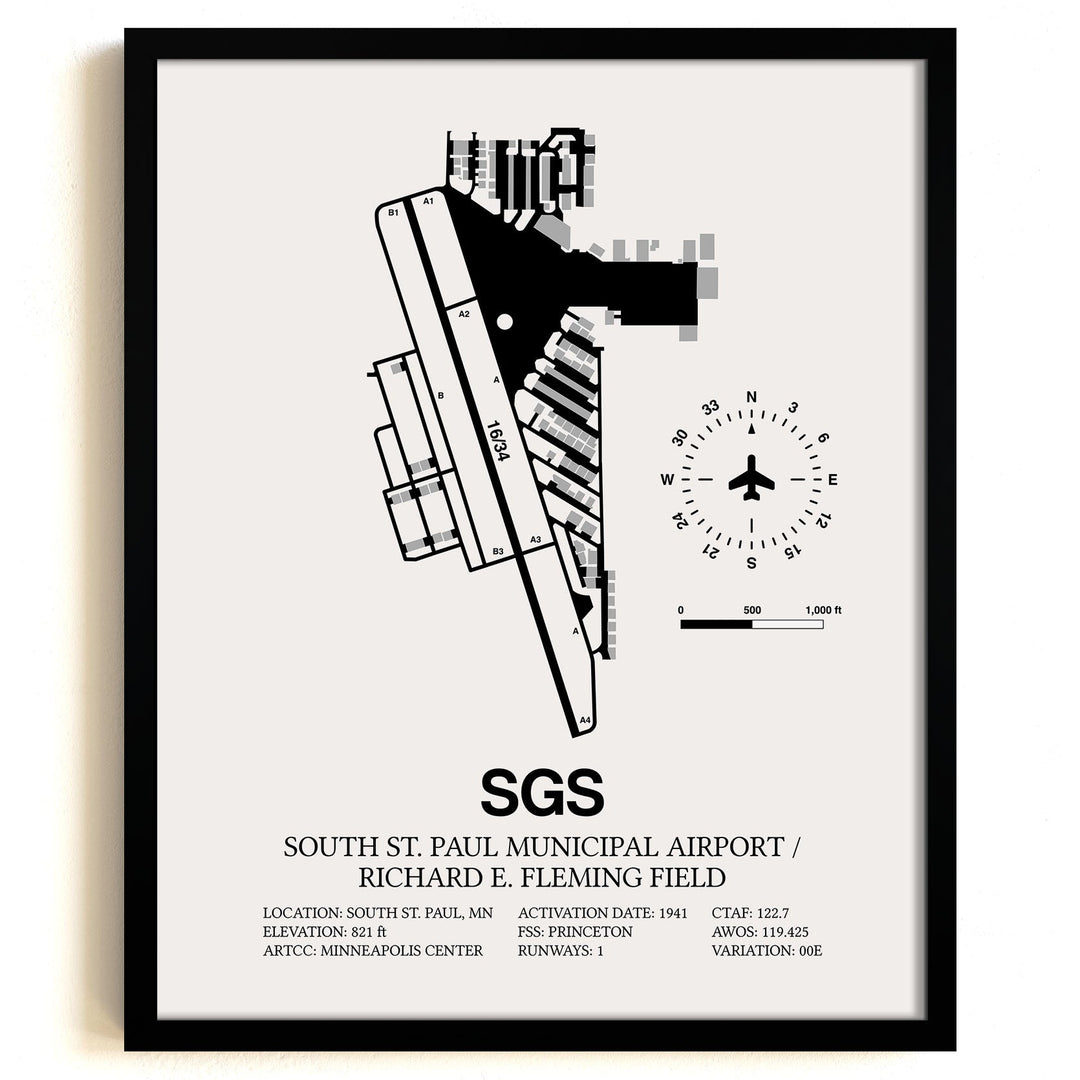 Framed Detailed Airport Map of South St Paul Municipal Airport/Richard E Fleming Field (SGS) in White with a Black Frame