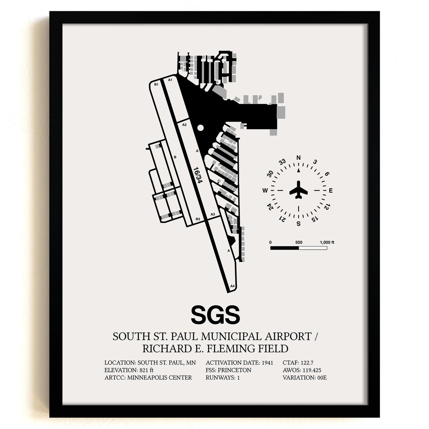 Framed Detailed Airport Map of South St Paul Municipal Airport/Richard E Fleming Field (SGS) in White with a Black Frame