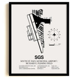 Framed Detailed Airport Map of South St Paul Municipal Airport/Richard E Fleming Field (SGS) in White with a Black Frame