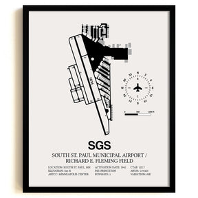 Framed Detailed Airport Map of South St Paul Municipal Airport/Richard E Fleming Field (SGS) in White with a Black Frame