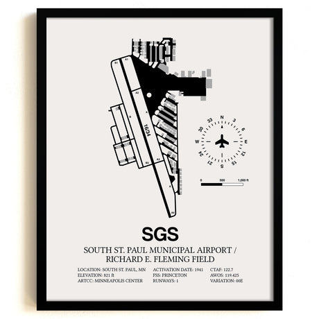 Framed Detailed Airport Map of South St Paul Municipal Airport/Richard E Fleming Field (SGS) in White with a Black Frame