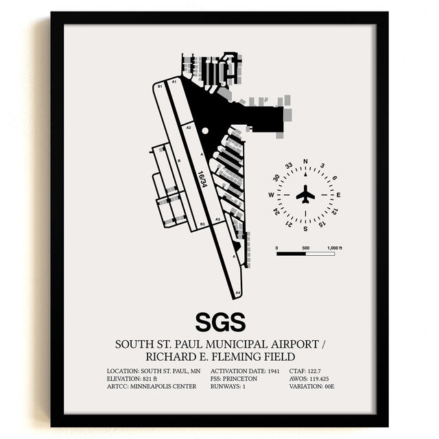 Framed Detailed Airport Map of South St Paul Municipal Airport/Richard E Fleming Field (SGS) in White with a Black Frame