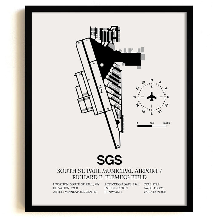 Framed Detailed Airport Map of South St Paul Municipal Airport/Richard E Fleming Field (SGS) in White with a Black Frame