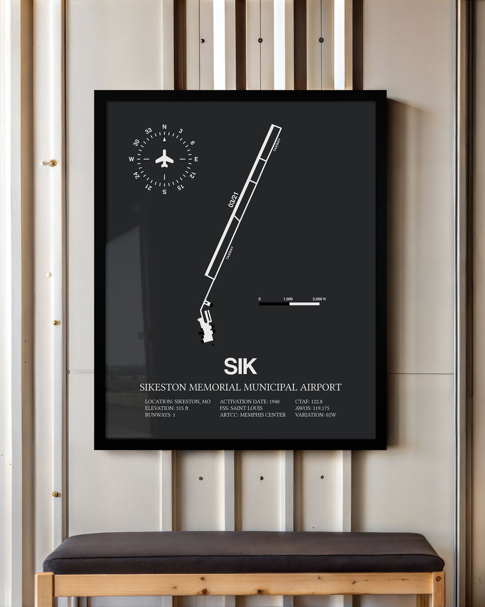 Framed Detailed Airport Map of Sikeston Memorial Municipal Airport (SIK) in Gray with a Black Frame