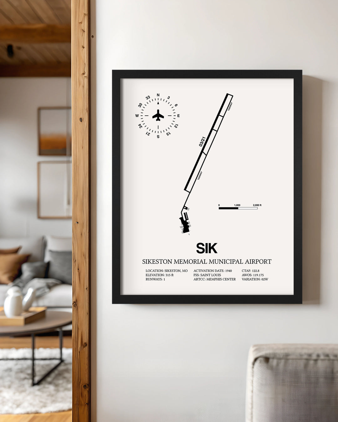 Framed Detailed Airport Map of Sikeston Memorial Municipal Airport (SIK) in White with a Black Frame