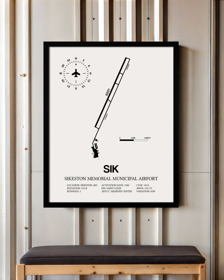 Framed Detailed Airport Map of Sikeston Memorial Municipal Airport (SIK) in White with a Black Frame