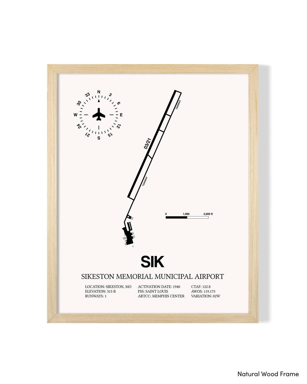Detailed Airport Map of Sikeston Memorial Municipal Airport (SIK) in White with a Natural Frame