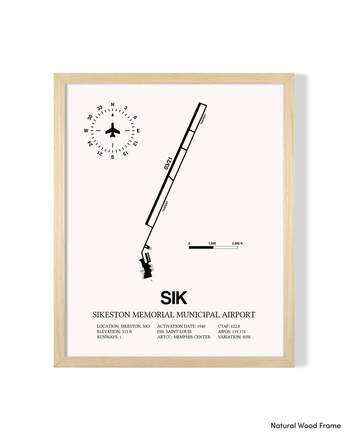 Detailed Airport Map of Sikeston Memorial Municipal Airport (SIK) in White with a Natural Frame