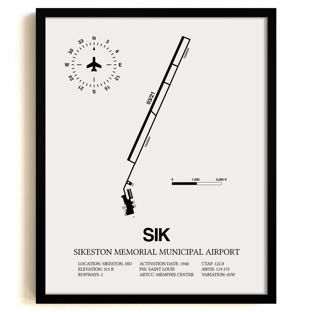 Framed Detailed Airport Map of Sikeston Memorial Municipal Airport (SIK) in White with a Black Frame