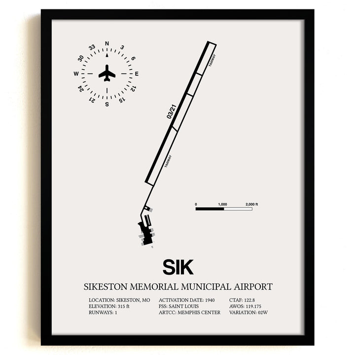 Framed Detailed Airport Map of Sikeston Memorial Municipal Airport (SIK) in White with a Black Frame