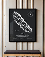 Framed Detailed Airport Map of Norman Y. Mineta San Jose International Airport (SJC) in Gray with a Black Frame