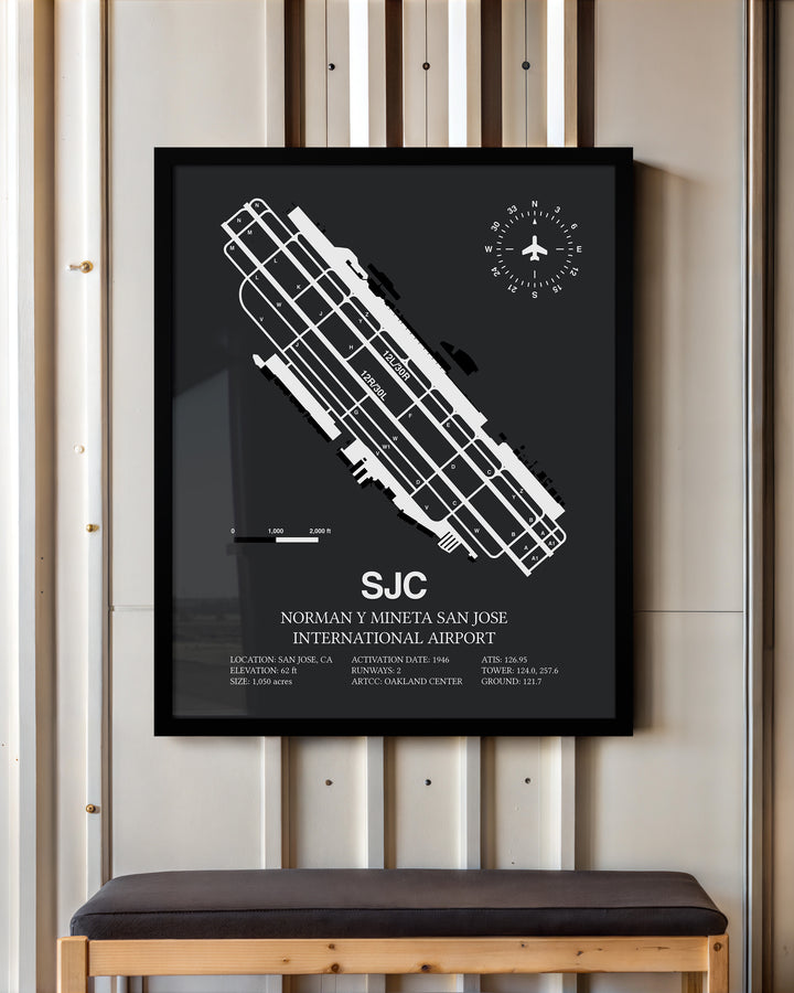 Framed Detailed Airport Map of Norman Y. Mineta San Jose International Airport (SJC) in Gray with a Black Frame