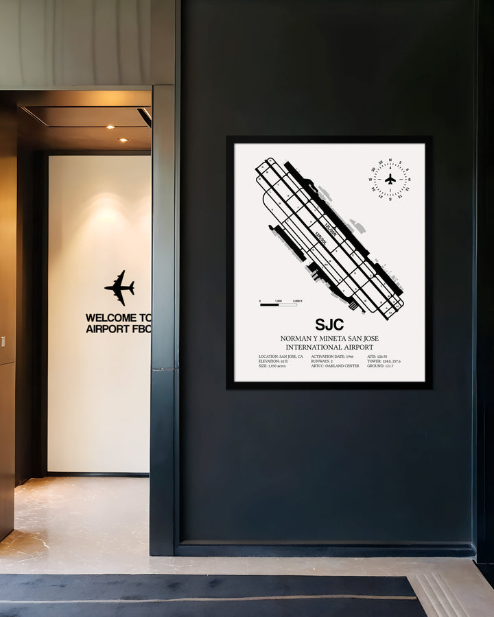 Framed Detailed Airport Map of Norman Y. Mineta San Jose International Airport (SJC) in White with a Black Frame
