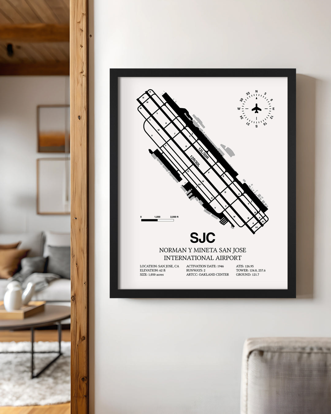 Framed Detailed Airport Map of Norman Y. Mineta San Jose International Airport (SJC) in White with a Black Frame