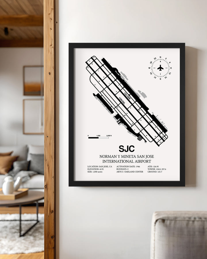 Framed Detailed Airport Map of Norman Y. Mineta San Jose International Airport (SJC) in White with a Black Frame