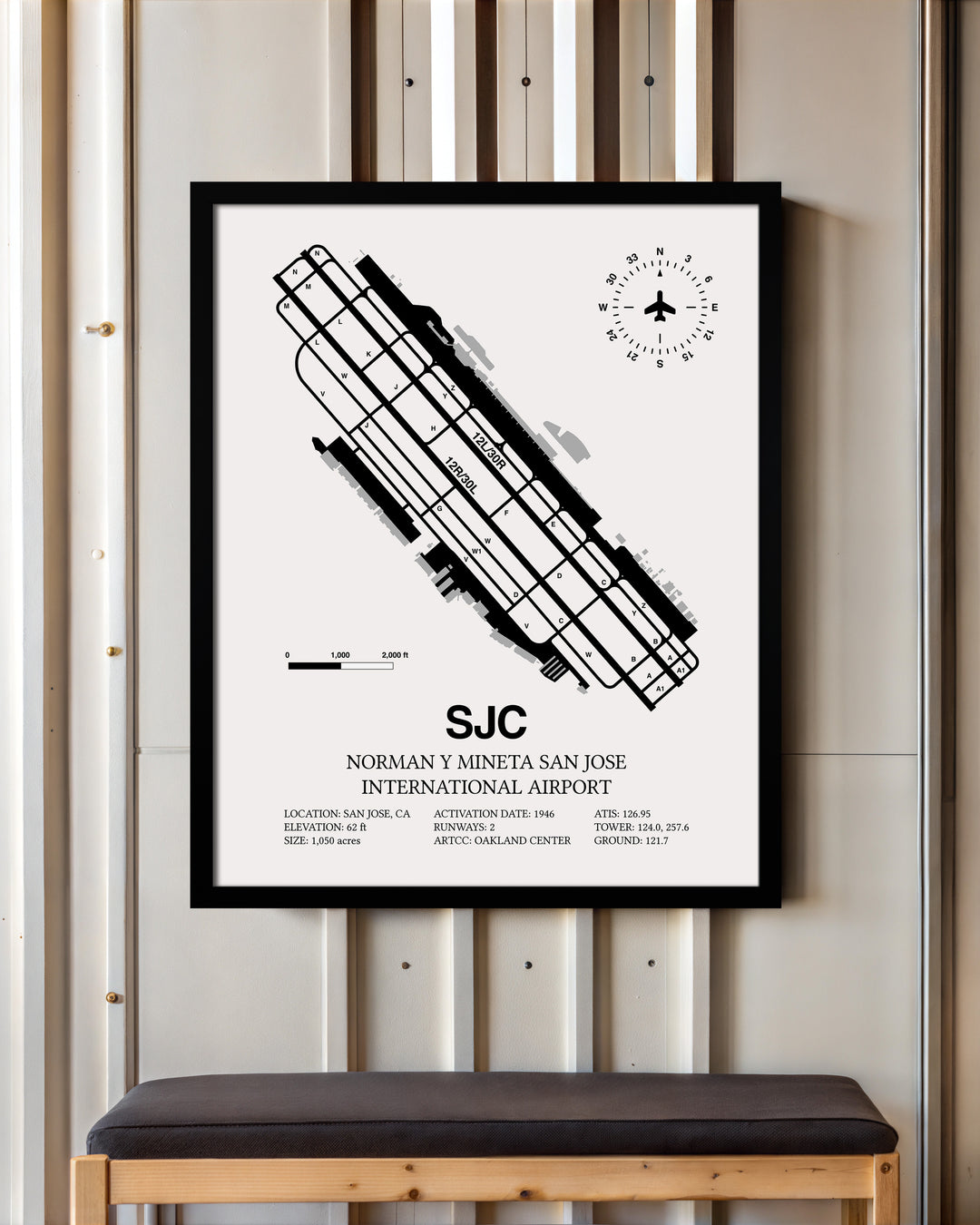Framed Detailed Airport Map of Norman Y. Mineta San Jose International Airport (SJC) in White with a Black Frame