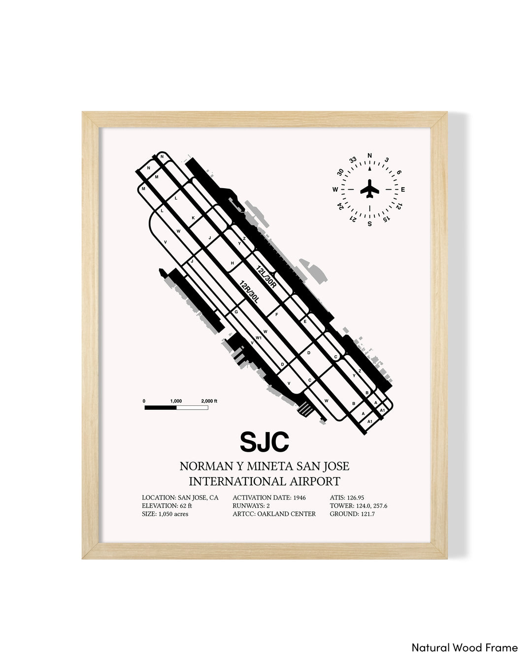 Detailed Airport Map of Norman Y. Mineta San Jose International Airport (SJC) in White with a Natural Frame