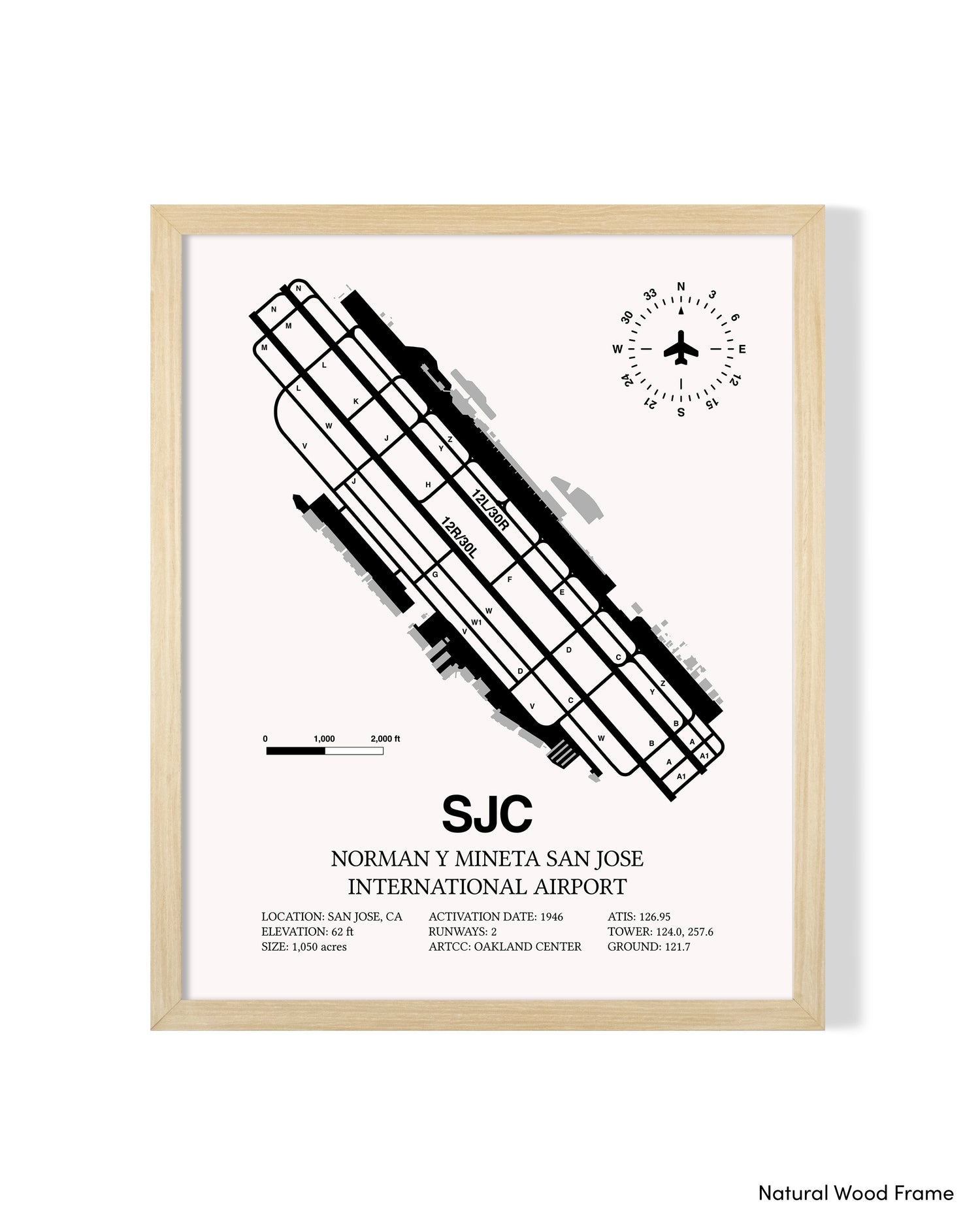 Detailed Airport Map of Norman Y. Mineta San Jose International Airport (SJC) in White with a Natural Frame