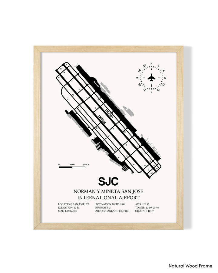 Detailed Airport Map of Norman Y. Mineta San Jose International Airport (SJC) in White with a Natural Frame