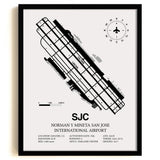 Framed Detailed Airport Map of Norman Y. Mineta San Jose International Airport (SJC) in White with a Black Frame