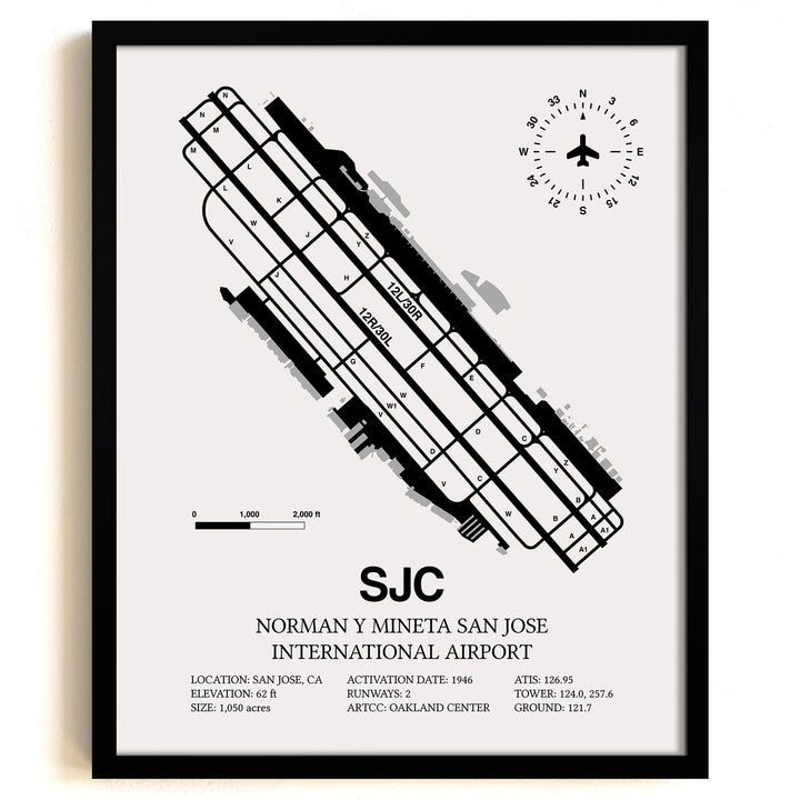 Framed Detailed Airport Map of Norman Y. Mineta San Jose International Airport (SJC) in White with a Black Frame