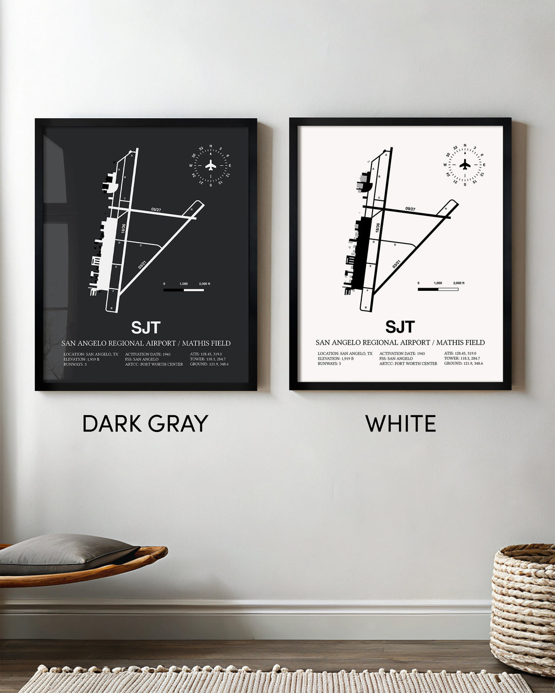 Framed Detailed Airport Map of San Angelo Regional Airport/Mathis Field (SJT) in White and Gray
